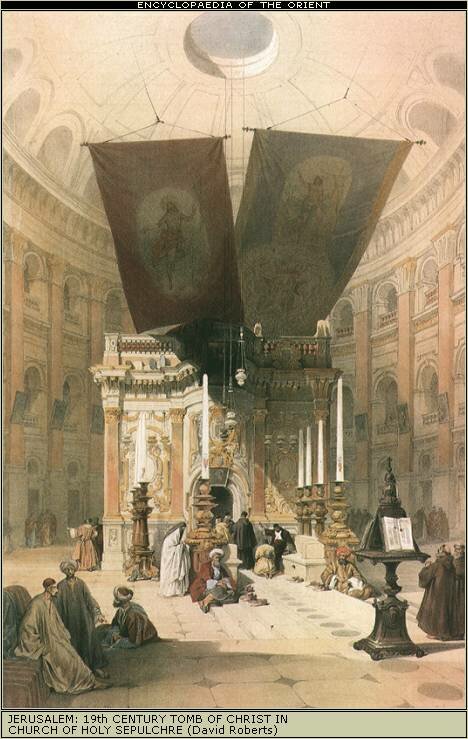 19th century painting of Tomb of Christ in the Holy Sepulchre